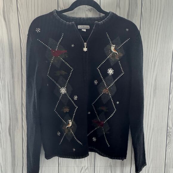 Croft Barrow Cardigan Birds Cardigan Zipper Black Holiday Winter Size Medium - Picture 1 of 8